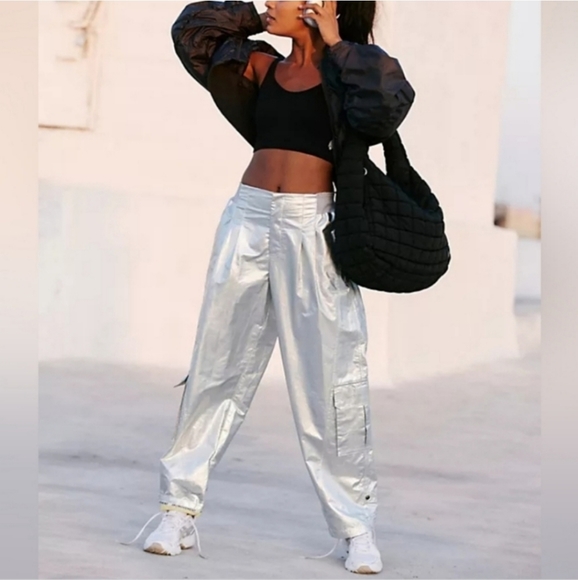 NWOT Free People Mesmerize Me Shine Pants in Silver $128  XS - Picture 6 of 13